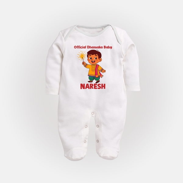 Official Dhamaka Baby Diwali Full Body Suit  - WHITE - New Born (Chest 7.5")