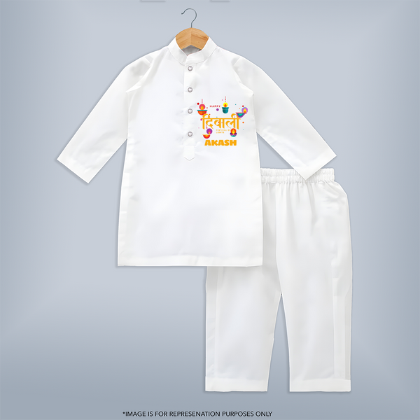 Happy Diwali | Full of Diwali Fun Personalized Kurta Set - WHITE - 3 - 6 Months Old (Chest 24", Kurta Length 14'', Waist 19", Pant Length 14")