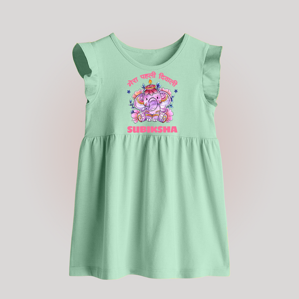 Happy Diwali | Festival Lighting Delight Personalized Baby Frock - MINT GREEN - 0 - 3 Months Old (Chest 17")
