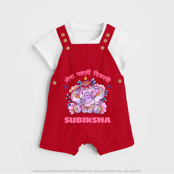 Happy Diwali | Festival Lighting Delight Personalized Dungaree Set - RED - 0 - 5 Months Old (Chest 18")