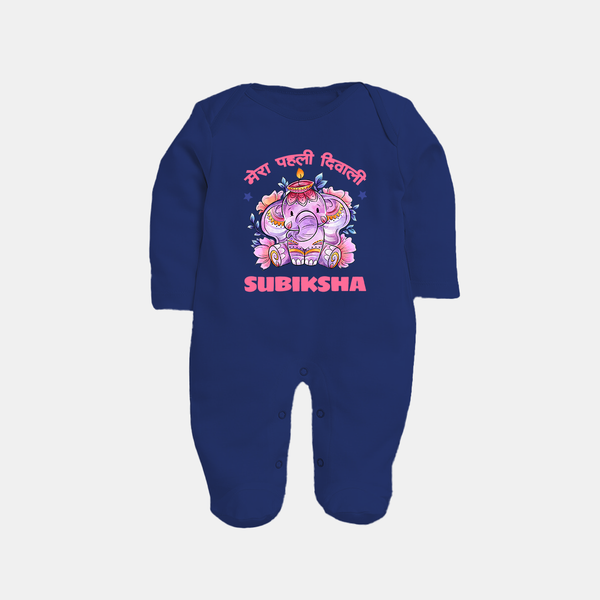 Happy Diwali | Festival Lighting Delight Personalized Sleep Suit - NAVY BLUE - New Born (Chest 7.5")