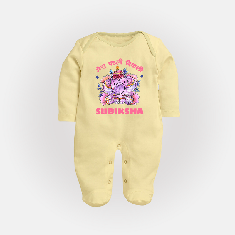 Happy Diwali | Festival Lighting Delight Personalized Sleep Suit - PASTEL YELLOW - New Born (Chest 7.5")