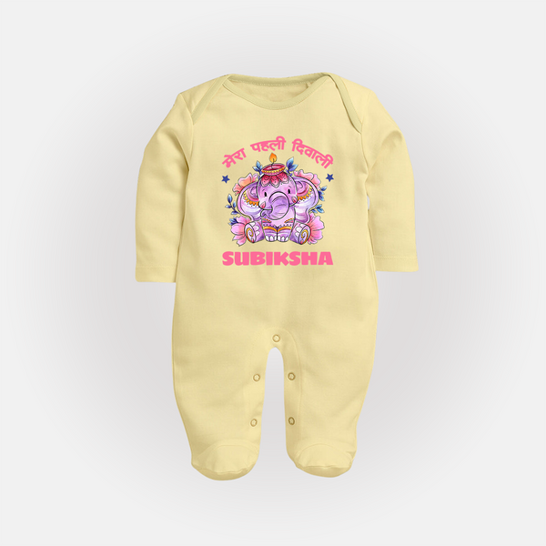 Happy Diwali | Festival Lighting Delight Personalized Sleep Suit - PASTEL YELLOW - New Born (Chest 7.5")
