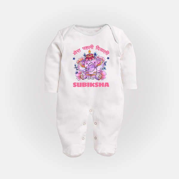 Happy Diwali | Festival Lighting Delight Personalized Sleep Suit - WHITE - New Born (Chest 7.5")