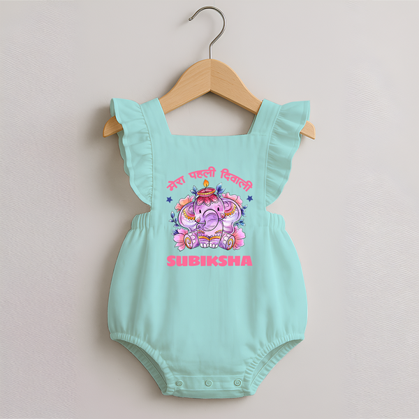 Happy Diwali | Festival Lighting Delight Personalized Romper Frock - MINT GREEN - 0 - 3 Months Old (Chest 19")