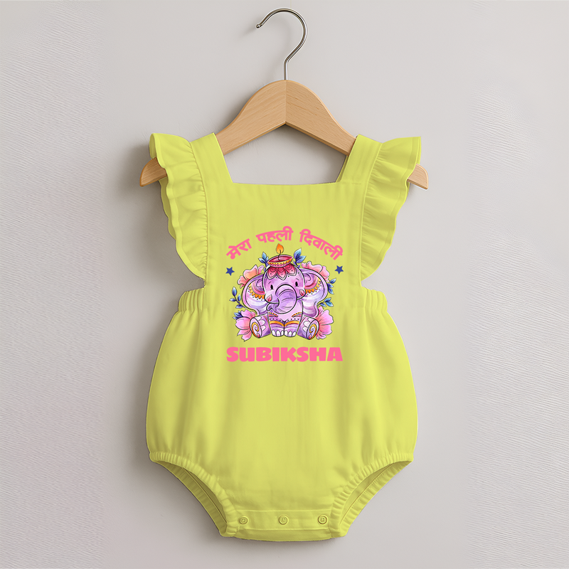 Happy Diwali | Festival Lighting Delight Personalized Romper Frock - PASTEL YELLOW - 0 - 3 Months Old (Chest 19")