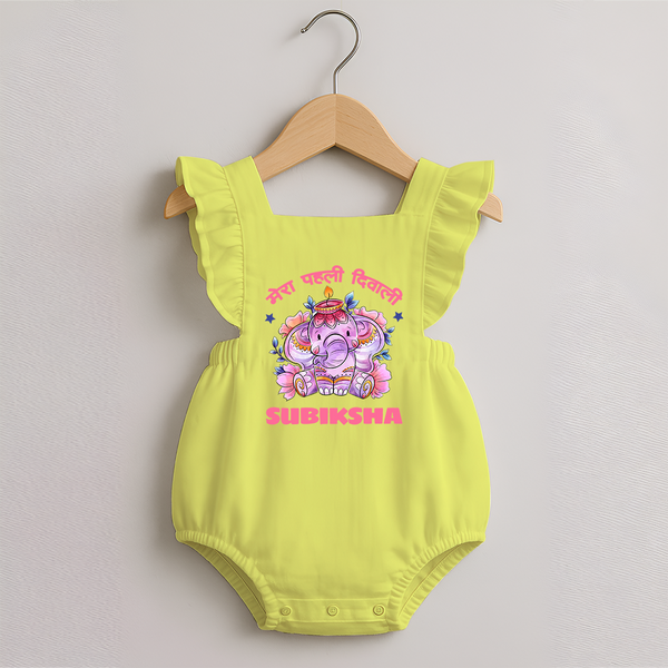 Happy Diwali | Festival Lighting Delight Personalized Romper Frock - PASTEL YELLOW - 0 - 3 Months Old (Chest 19")