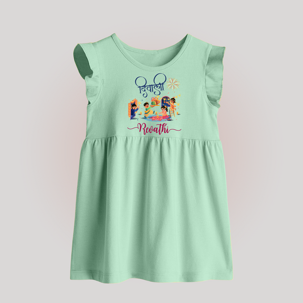 Happy Diwali | Crackers and Cheer Personalized Baby Frock - MINT GREEN - 0 - 3 Months Old (Chest 17")