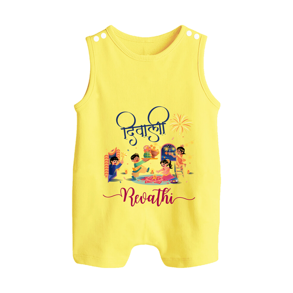 Happy Diwali | Crackers and Cheer Personalized Romper Suit - PASTEL YELLOW - 0 - 5 Months Old (Chest 18")