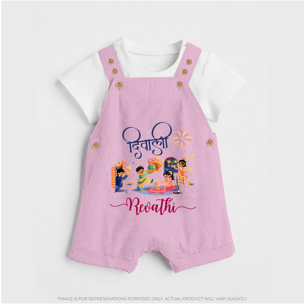 Happy Diwali | Crackers and Cheer Personalized Dungaree Set - BABY PINK - 0 - 5 Months Old (Chest 18")