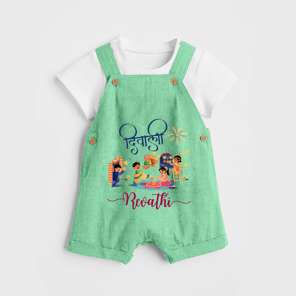 Happy Diwali | Crackers and Cheer Personalized Dungaree Set - GREEN - 0 - 5 Months Old (Chest 18")