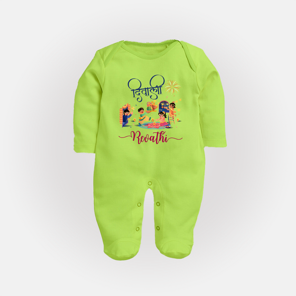 Happy Diwali | Crackers and Cheer Personalized Sleep Suit - LIME GREEN - New Born (Chest 7.5")