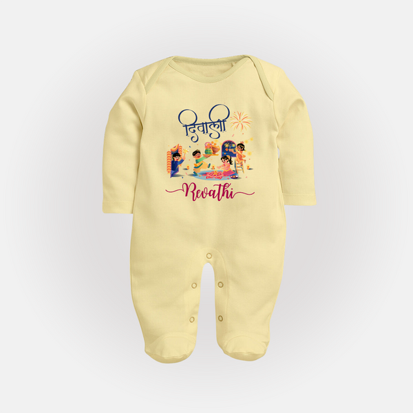 Happy Diwali | Crackers and Cheer Personalized Sleep Suit - PASTEL YELLOW - New Born (Chest 7.5")