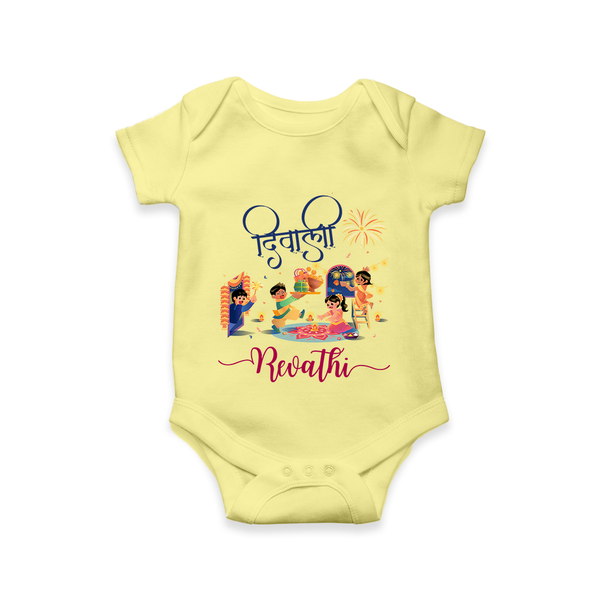 Happy Diwali | Crackers and Cheer Personalized Romper - PASTEL YELLOW - New Born (Chest 14")