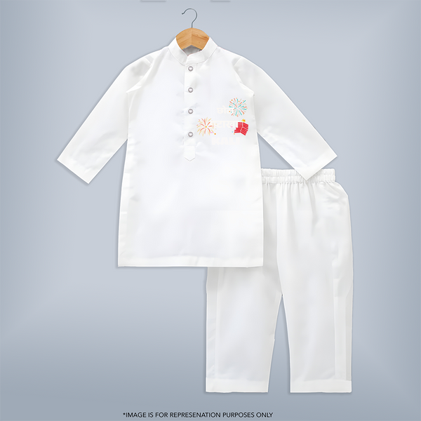 Happy Diwali | Adorned in Light and Fun Kurta Set - WHITE - 3 - 6 Months Old (Chest 24", Kurta Length 14'', Waist 19", Pant Length 14")