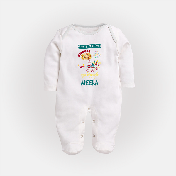 Happy Diwali | Little Firework Delight Sleep Suit - WHITE - New Born (Chest 7.5")