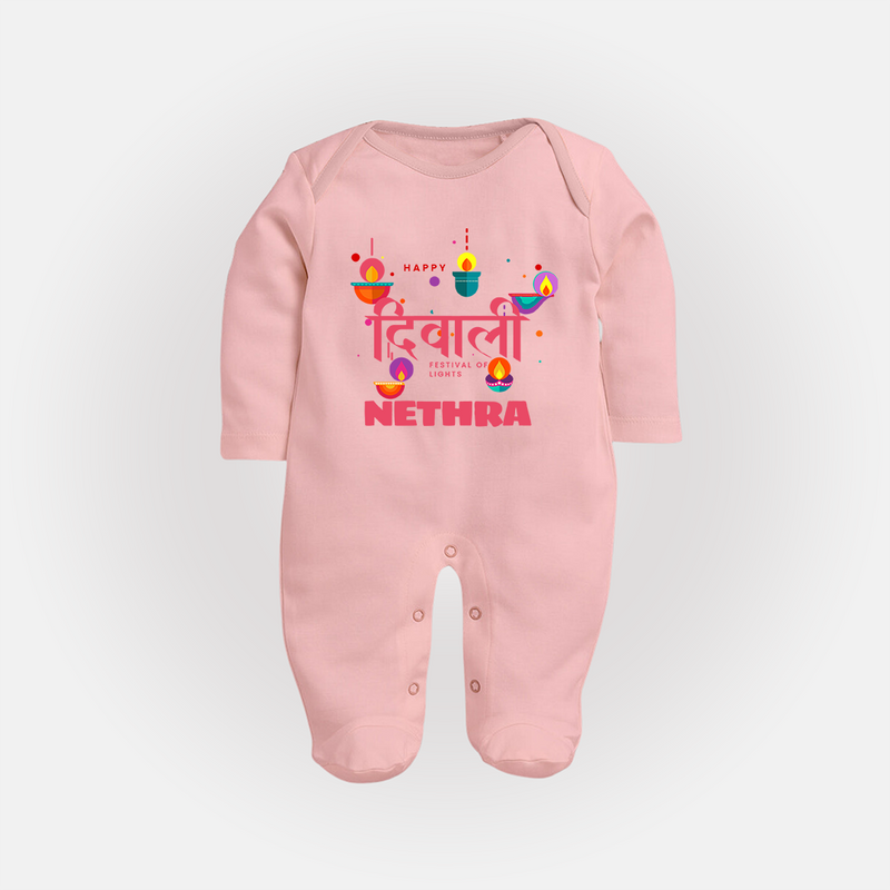 Happy Diwali | Celebration Fun Begins Sleep Suit - BABY PINK - New Born (Chest 7.5")