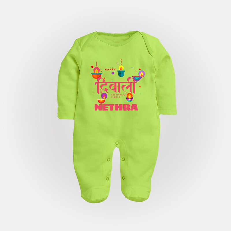 Happy Diwali | Celebration Fun Begins Sleep Suit - LIME GREEN - New Born (Chest 7.5")