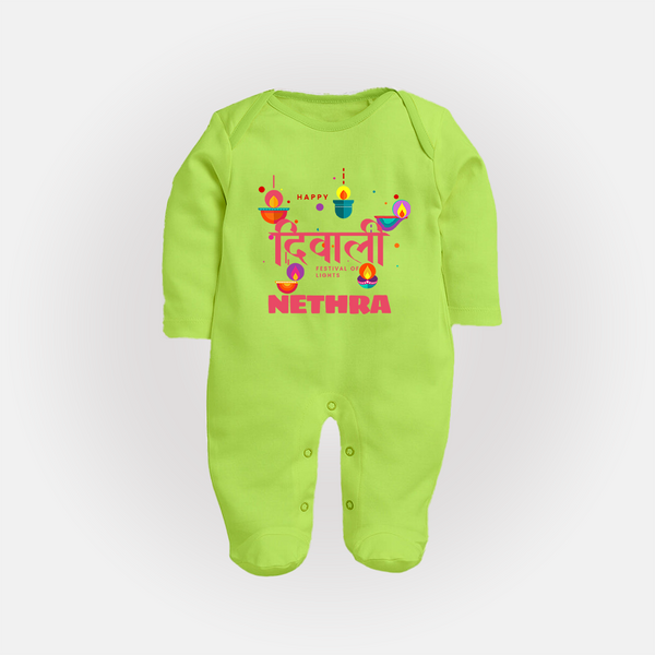 Happy Diwali | Celebration Fun Begins Sleep Suit - LIME GREEN - New Born (Chest 7.5")