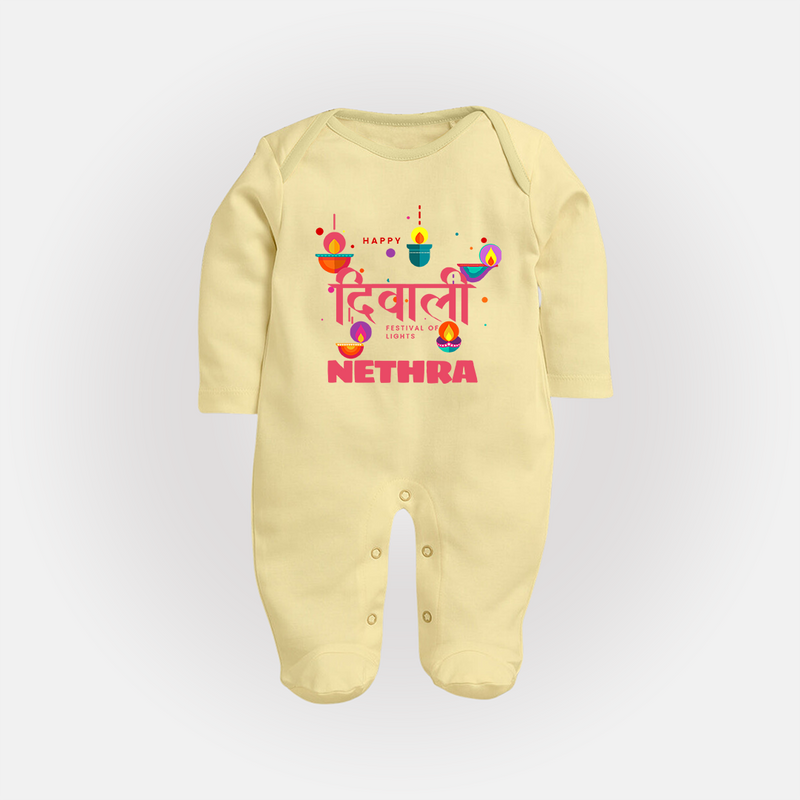 Happy Diwali | Celebration Fun Begins Sleep Suit - PASTEL YELLOW - New Born (Chest 7.5")