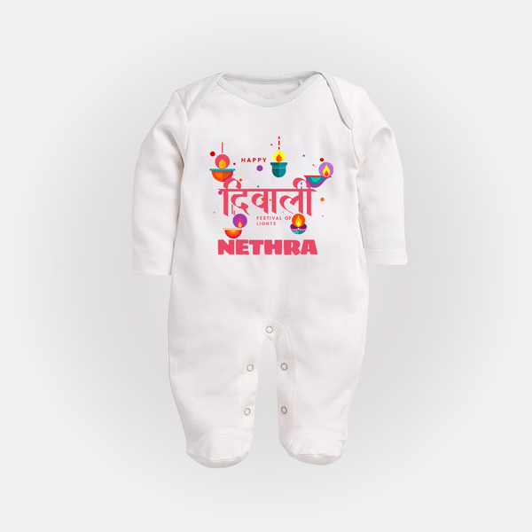 Happy Diwali | Celebration Fun Begins Sleep Suit - WHITE - New Born (Chest 7.5")