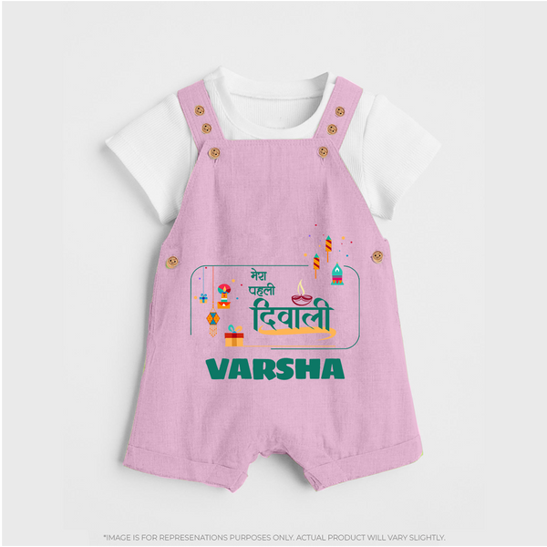 Happy Diwali | Twinkle and Celebrate Personalized Dungaree Set - BABY PINK - 0 - 5 Months Old (Chest 18")