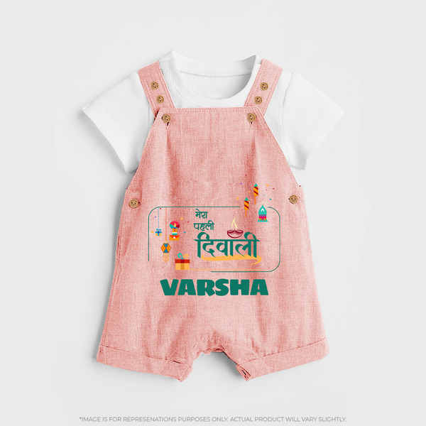 Happy Diwali | Twinkle and Celebrate Personalized Dungaree Set - PEACH - 0 - 5 Months Old (Chest 18")