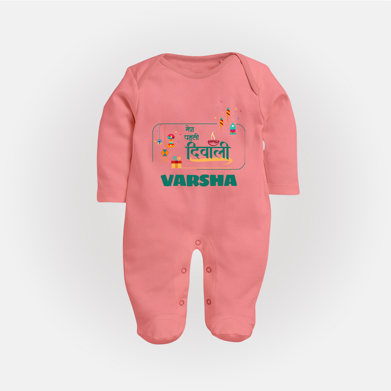 Happy Diwali | Twinkle and Celebrate Personalized Sleep Suit - PEACH - New Born (Chest 7.5")
