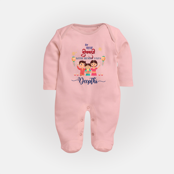 Happy Diwali | New Beginnings Celebration Sleep Suit - BABY PINK - New Born (Chest 7.5")