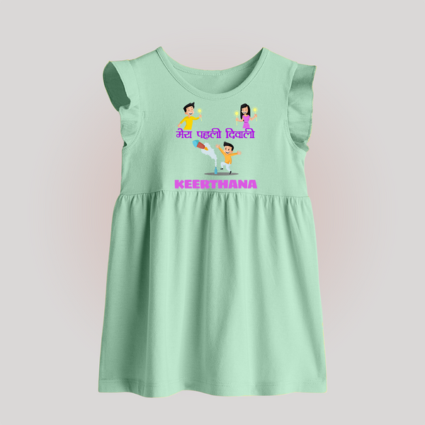 Happy Diwali | Laxmi Puja Little Star Baby Frock - MINT GREEN - 0 - 3 Months Old (Chest 17")