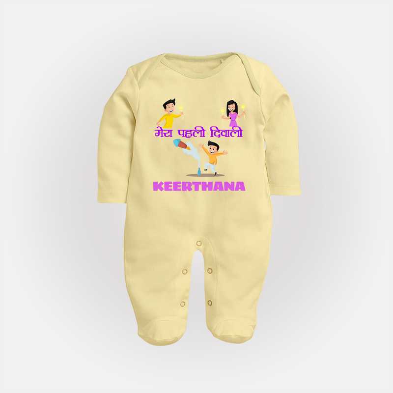Happy Diwali | Laxmi Puja Little Star Sleep Suit - PASTEL YELLOW - New Born (Chest 7.5")