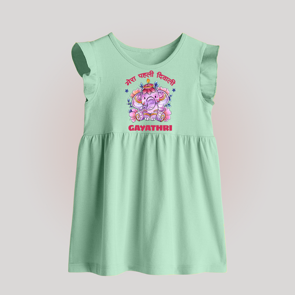 Happy Diwali | Little Star of the Celebration Baby Frock - MINT GREEN - 0 - 3 Months Old (Chest 17")