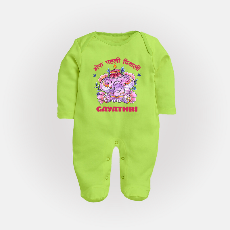 Happy Diwali | Little Star of the Celebration Sleep Suit - LIME GREEN - New Born (Chest 7.5")