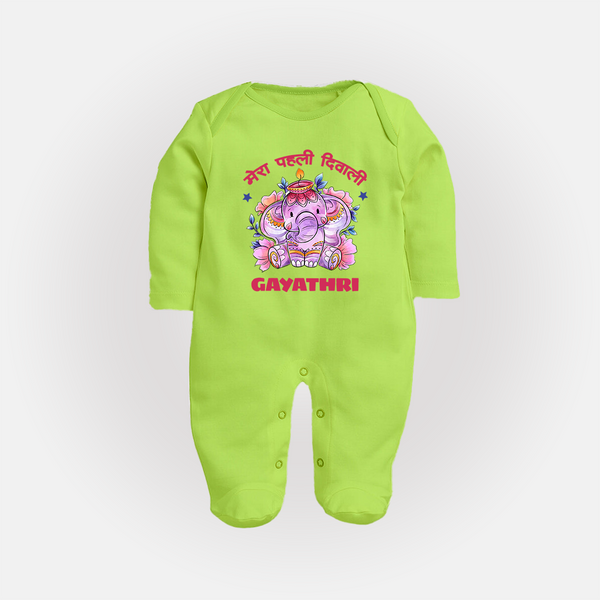 Happy Diwali | Little Star of the Celebration Sleep Suit - LIME GREEN - New Born (Chest 7.5")