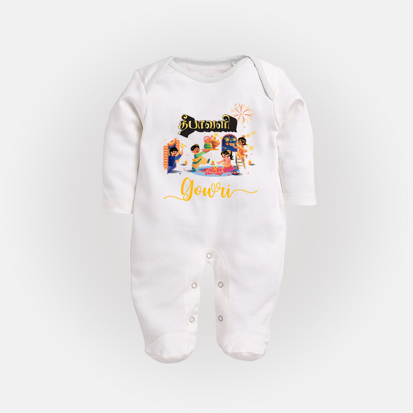 Happy Diwali | Traditional Celebration Fun Sleep Suit - WHITE - New Born (Chest 7.5")