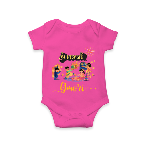 Happy Diwali | Traditional Celebration Fun Romper - HOT PINK - New Born (Chest 14")