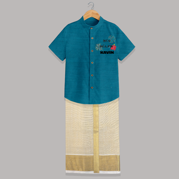 Happy Diwali | Mithai and Blessings Shirt And Dhoti - PEACOCK BLUE - 0 - 6 Months Old (Chest-23") (Dhoti length-14")