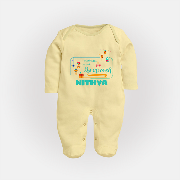 Happy Diwali | Dhanteras Celebration Sleep Suit - PASTEL YELLOW - New Born (Chest 7.5")