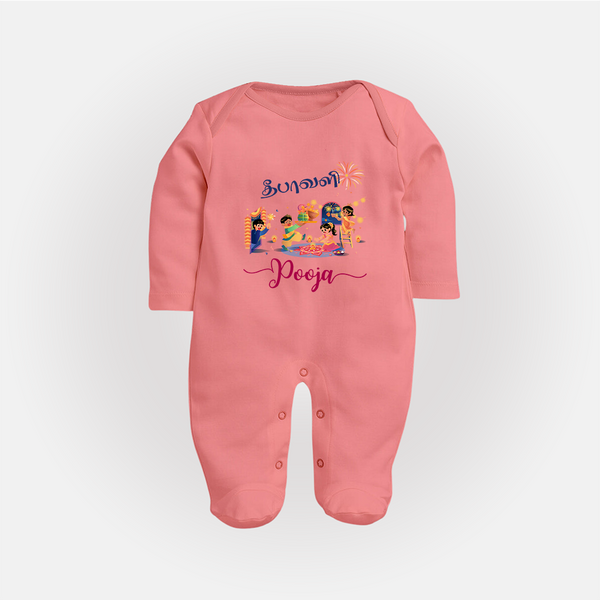 Happy Diwali | Prosperity and Fun Personalized Sleep Suit - PEACH - New Born (Chest 7.5")