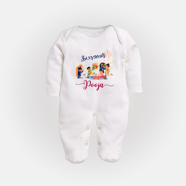 Happy Diwali | Prosperity and Fun Personalized Sleep Suit - WHITE - New Born (Chest 7.5")