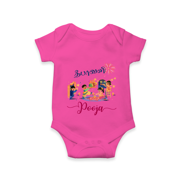 Happy Diwali | Prosperity and Fun Personalized Romper - HOT PINK - New Born (Chest 14")