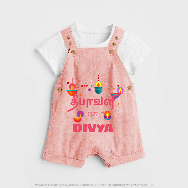 Happy Diwali | Festival of Lights and Fun Dungaree Set - PEACH - 0 - 5 Months Old (Chest 18")