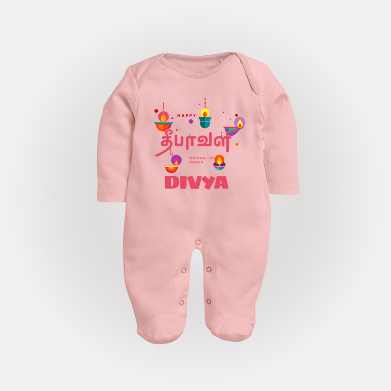 Happy Diwali | Festival of Lights and Fun Sleep Suit - BABY PINK - New Born (Chest 7.5")