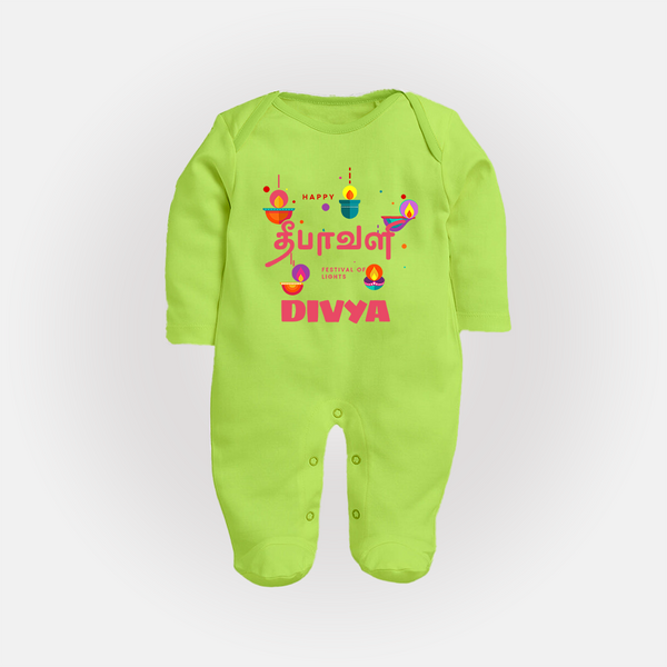 Happy Diwali | Festival of Lights and Fun Sleep Suit - LIME GREEN - New Born (Chest 7.5")