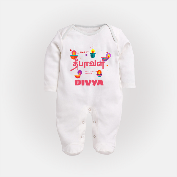 Happy Diwali | Festival of Lights and Fun Sleep Suit - WHITE - New Born (Chest 7.5")