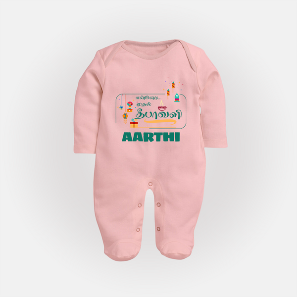 Happy Diwali | Puja and Crackers Fun Sleep Suit - BABY PINK - New Born (Chest 7.5")
