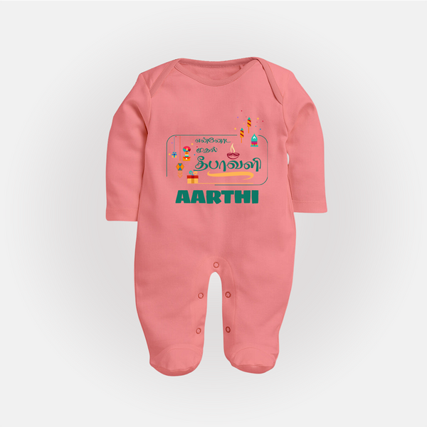 Happy Diwali | Puja and Crackers Fun Sleep Suit - PEACH - New Born (Chest 7.5")