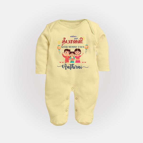 Happy Diwali | Little Blessing of Light Sleep Suit - PASTEL YELLOW - New Born (Chest 7.5")