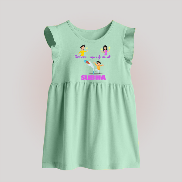 Happy Diwali | Festival Joy and Fun Personalized Baby Frock - MINT GREEN - 0 - 3 Months Old (Chest 17")