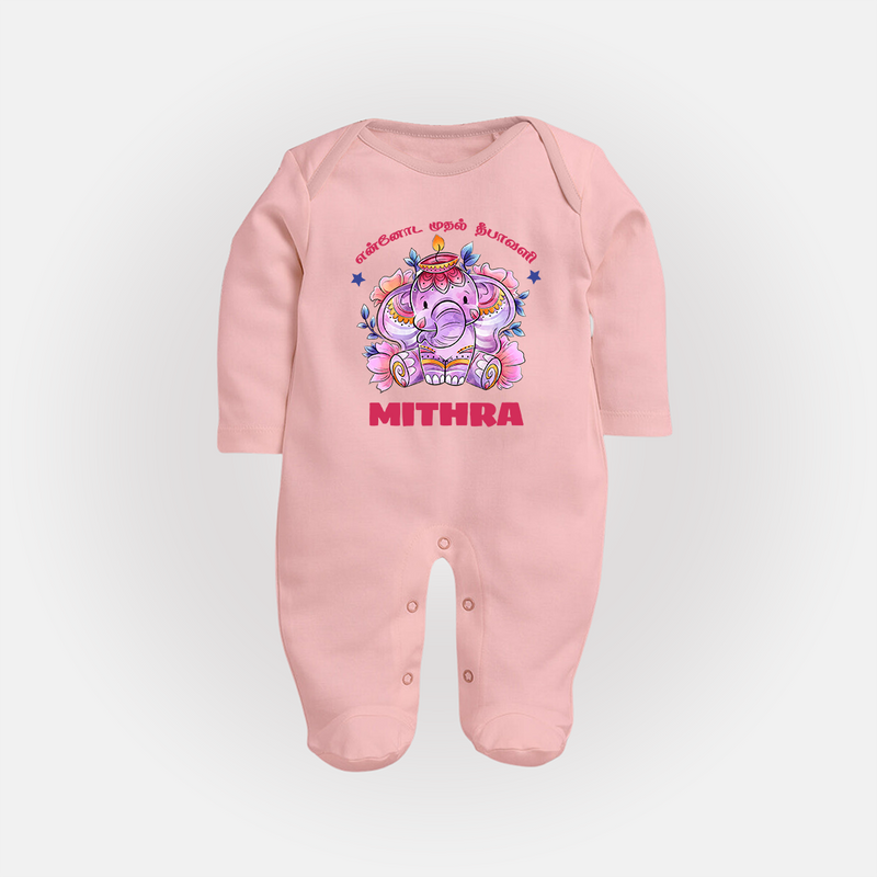 Happy Diwali | Deepawali Purity and Fun Sleep Suit - BABY PINK - New Born (Chest 7.5")